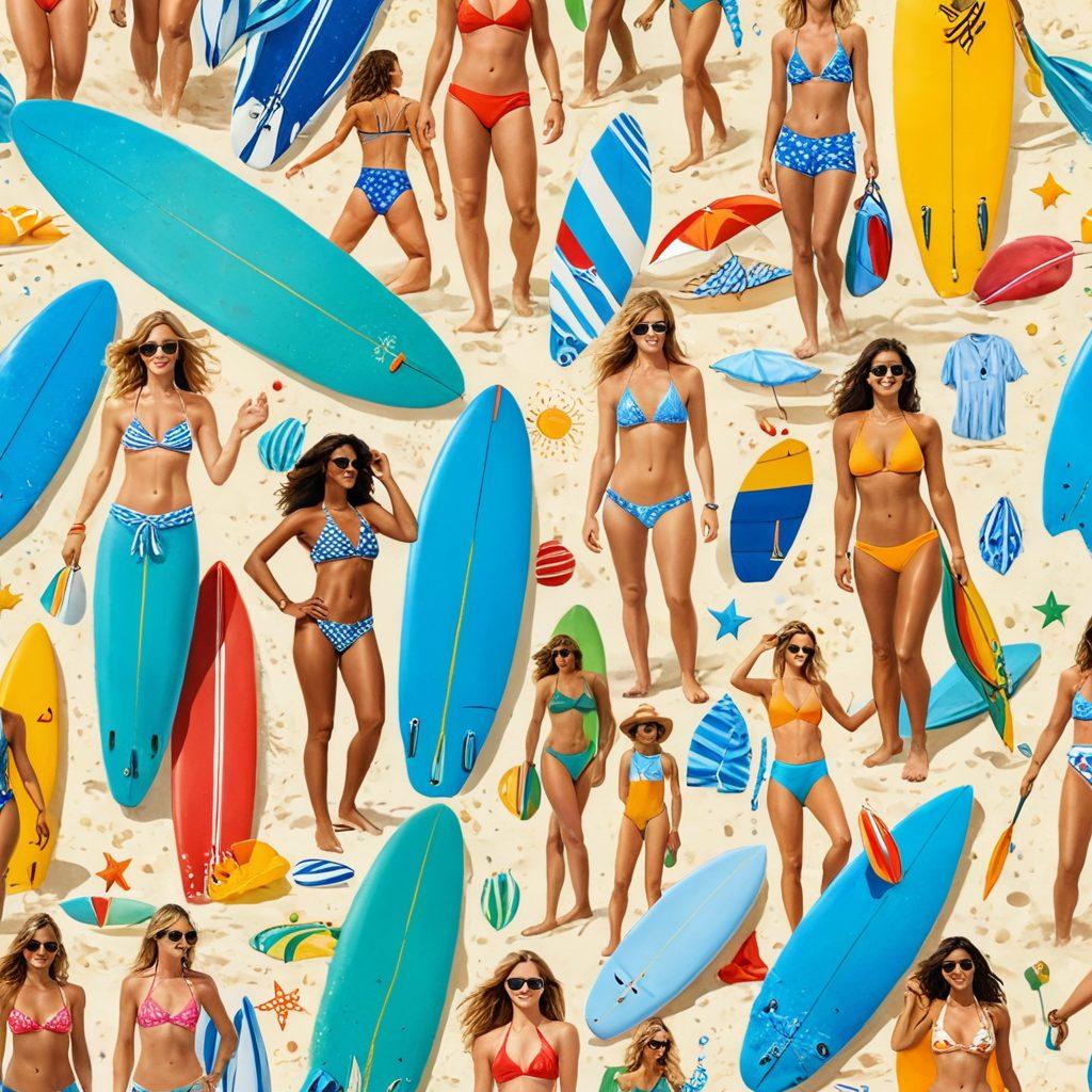 A stylish beach scene featuring a diverse group of individuals wearing trendy summer outfits paired with colorful water sports gear. Include elements like surfboards, paddleboards, and bright swimsuits, with the sun shining in a clear blue sky. Show playful interaction, such as splashes of water and laughter, to emphasize the fun of combining fitness and fashion. Capture a vibrant and energetic atmosphere that embodies the spirit of summer adventures. super-realistic. vibrant colors. summer vibe.