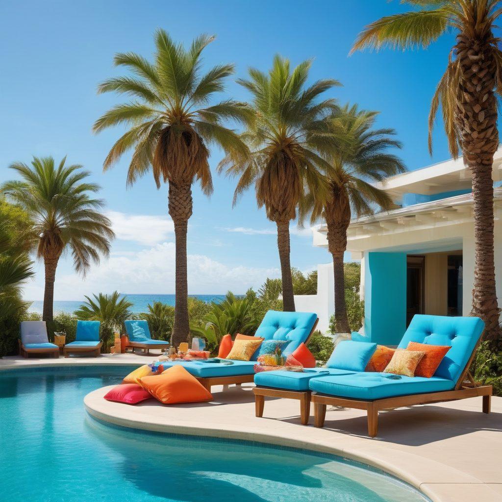 A vibrant poolside scene featuring stylish beachwear and athletic gear displayed on colorful lounge chairs. Include sun loungers, a refreshing pool, and playful beach accessories like inflatable floats, sunglasses, and tropical drinks. Showcase diverse individuals confidently enjoying the sun in trendy outfits, with palm trees and a bright blue sky in the background. The atmosphere should exude fun, relaxation, and active lifestyle. vibrant colors. super-realistic.