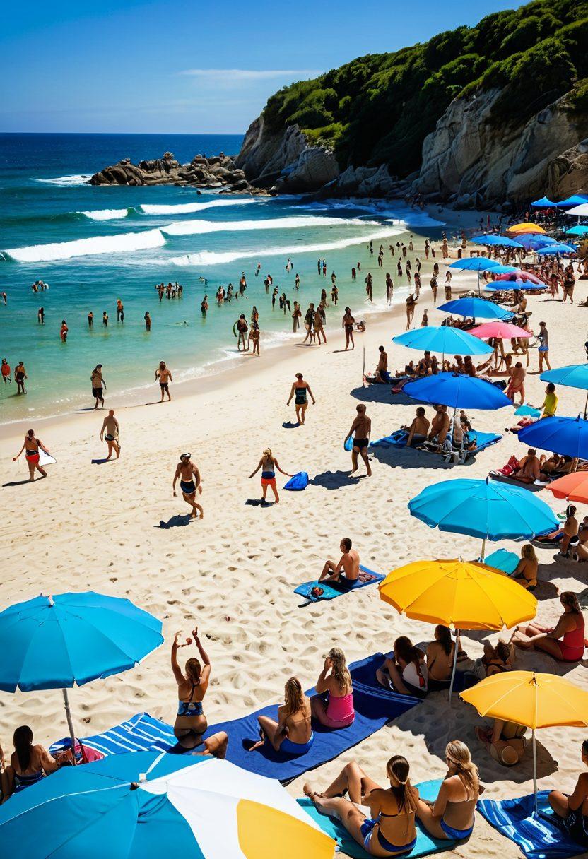 A vibrant beach scene featuring a diverse group of people enjoying summer sports activities, wearing stylish bikinis and activewear. Highlight fun elements like beach volleyball, surfing, and sunbathing under a clear blue sky. Include colorful beach accessories like towels, umbrellas, and drinks to enhance the lively atmosphere. Emphasize movement and energy to convey a feeling of excitement and adventure. super-realistic. vibrant colors. sunny background.